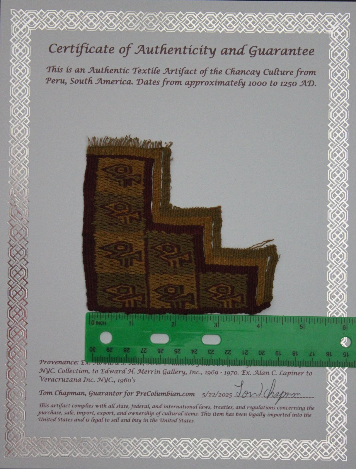 Pre Columbian Artifact Authentic Frameable Textile Border Chancay Peru COA 03