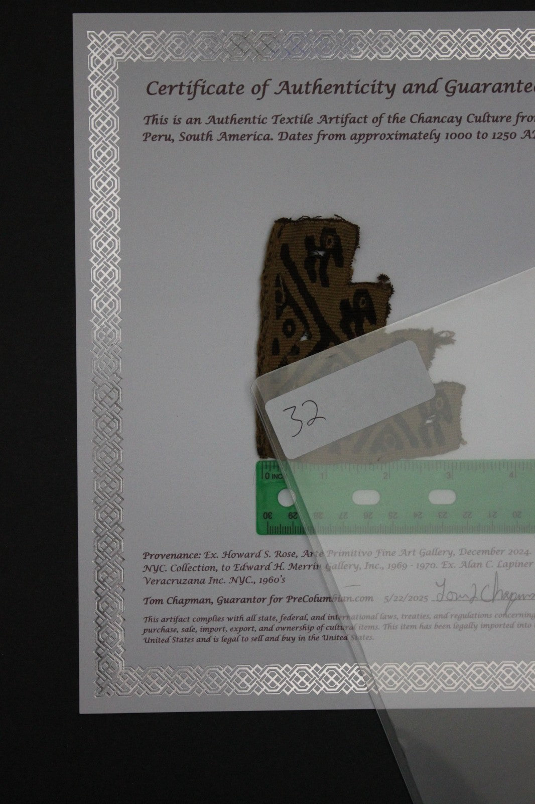Pre Columbian Authentic Artifact Frameable Textile Border Chancay Peru COA 32