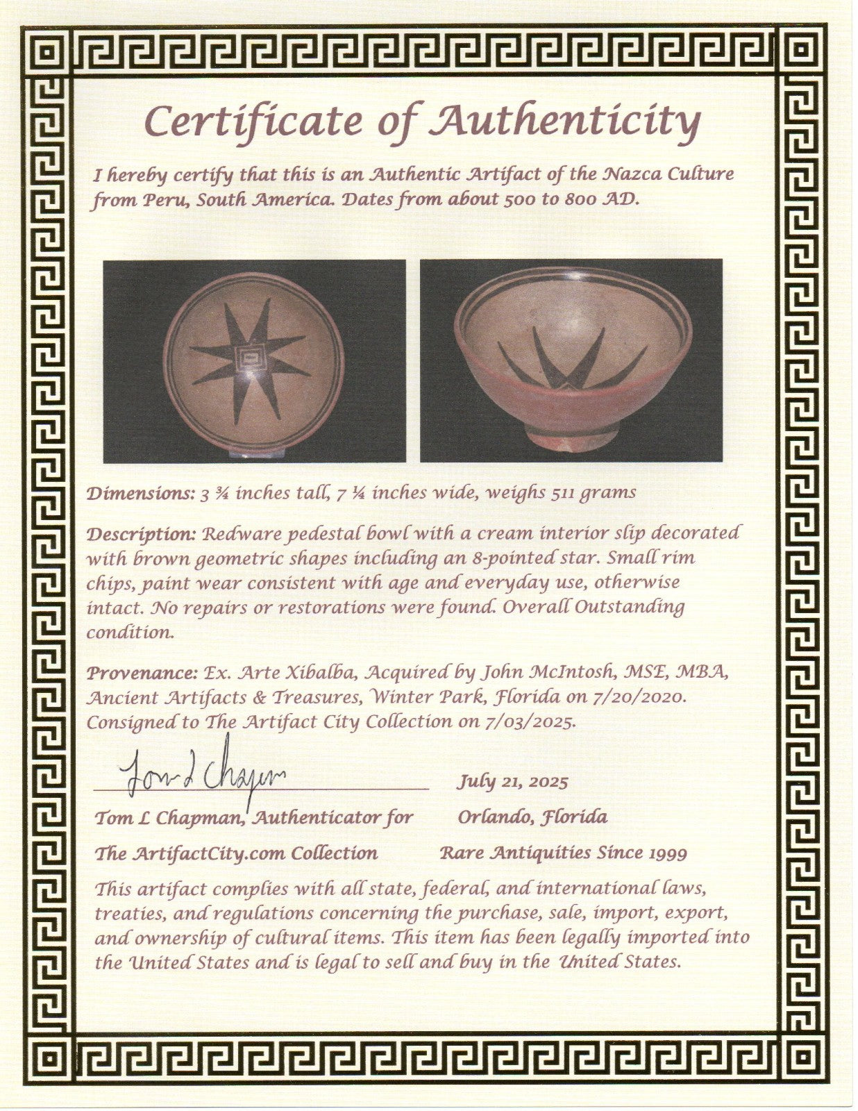 Authentic Pre Columbian Artifact Pedestal Bowl Nazca Peru 500 to 800 AD COA J53
