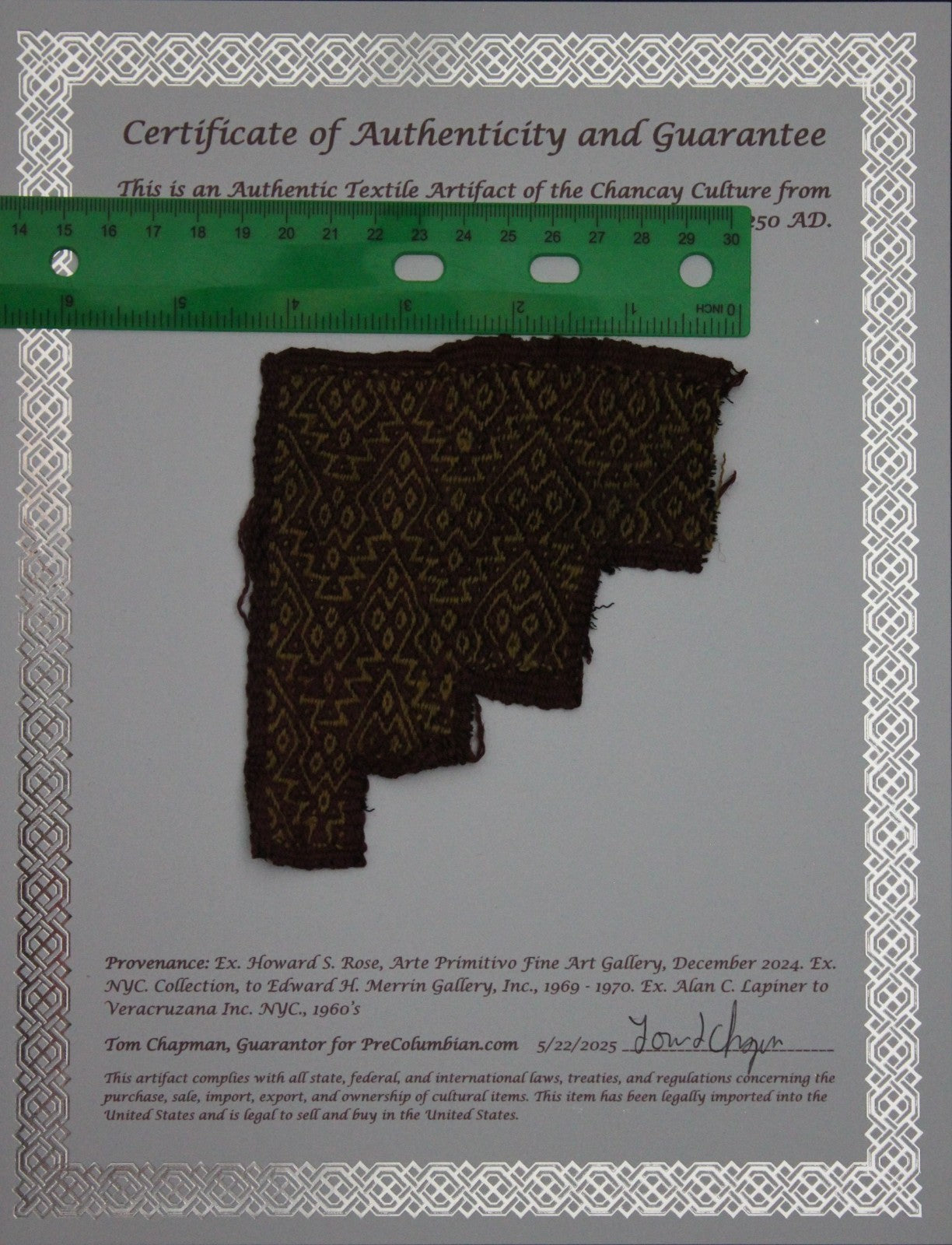 Pre Columbian Artifact Authentic Frameable Textile Border Chancay Peru COA 19