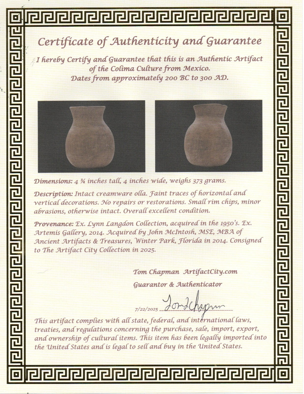 Authentic Pre Columbian Artifact Small Olla Colima Mexico 200 BC-300 AD COA J61