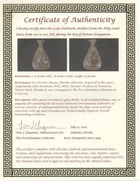 Ancient Holy Land Glass Bottle Authentic Artifact 100-300 AD Roman Era COA J08