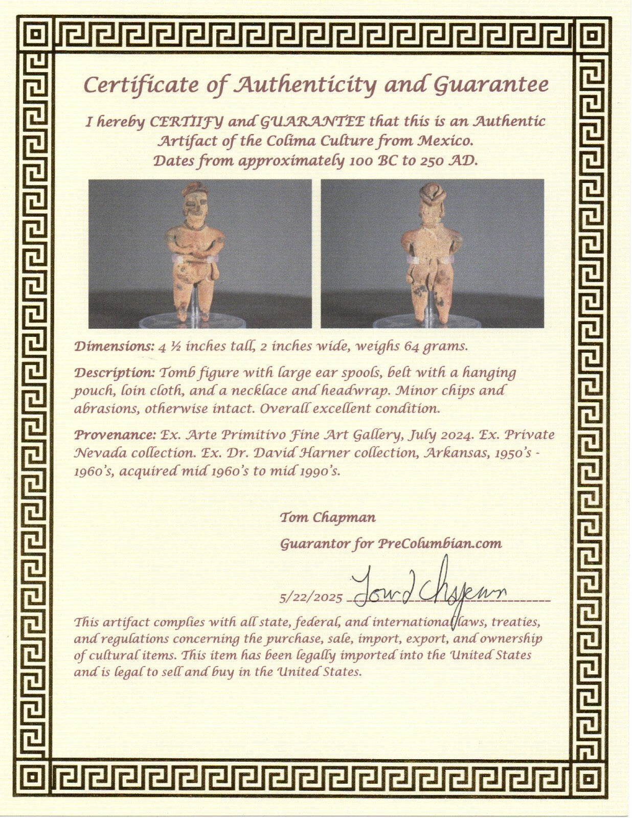 Authentic Pre Columbian Artifact Tomb Figure Colima Mexico 100 BC-250 AD COA 141