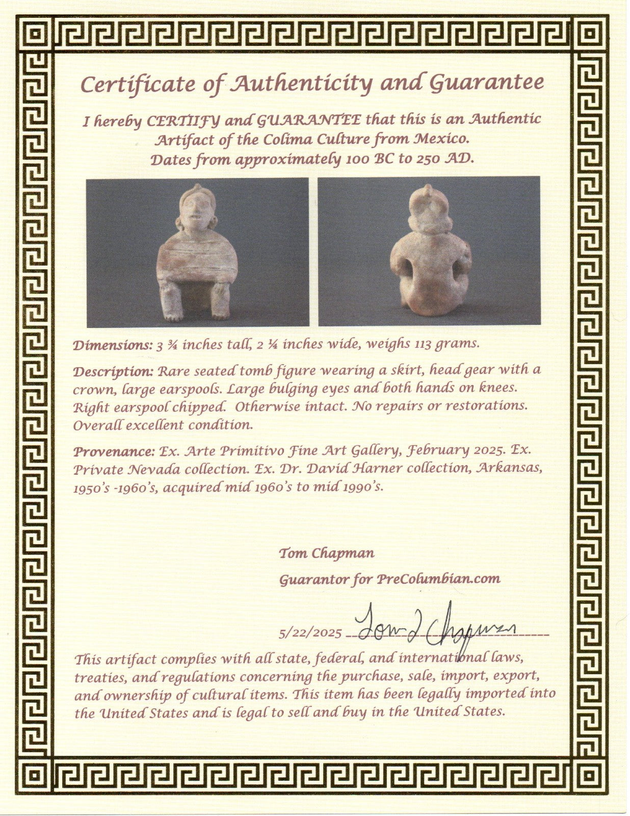 Authentic Pre Columbian Artifact Rare Skirted Tomb Figure Colima Mexico COA 180