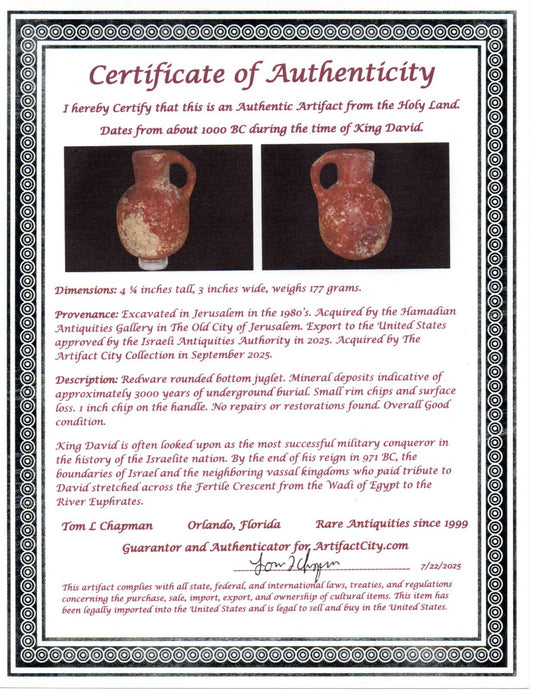 Ancient Holy Land Artifact King David Jug Land of Jesus Christ 1000 BC COA 11