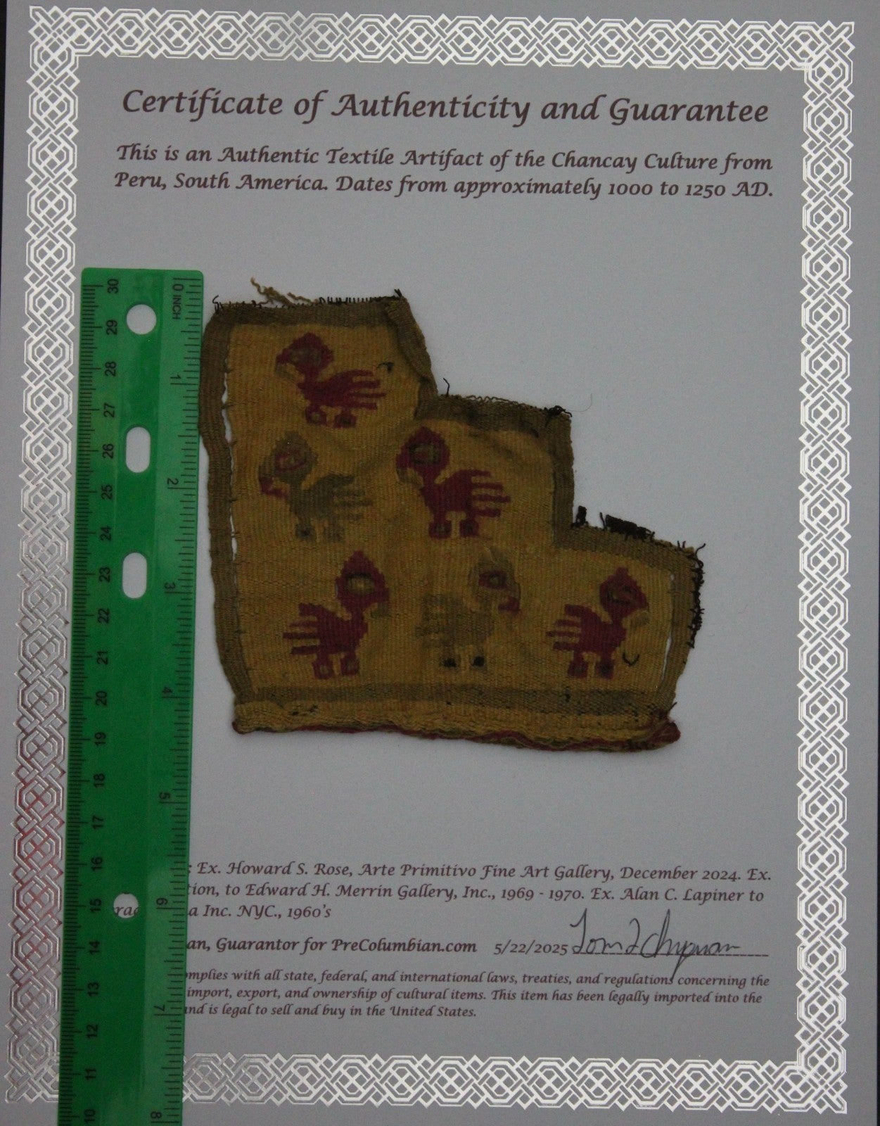 Authentic Pre Columbian Artifact Frameable Textile Border Chancay Peru COA 07