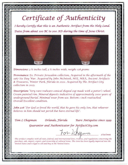 Ancient Holy Land Artifact Land of Jesus Christ Conical Cup 100BC-200AD COA J138