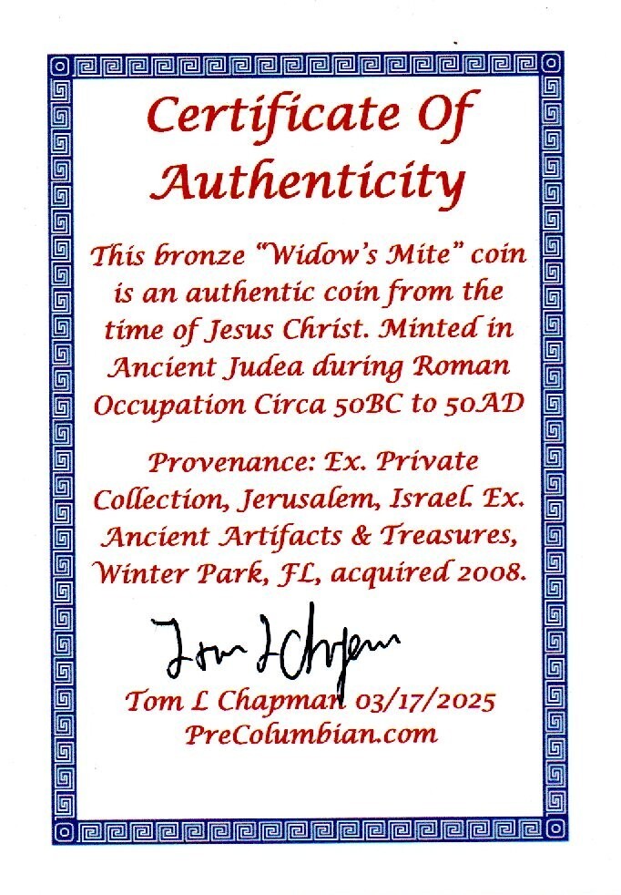 Authentic Jesus Christ Era Holy Land Widow's Mite Artifact 50 BC - 50 AD COA 002