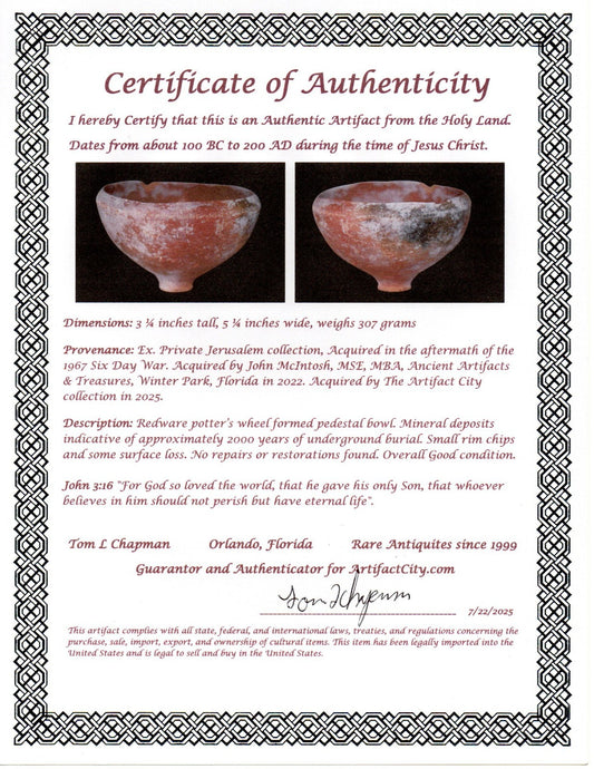 Ancient Holy Land Bowl Artifact From Time of Jesus Christ 100BC-200AD COA J135