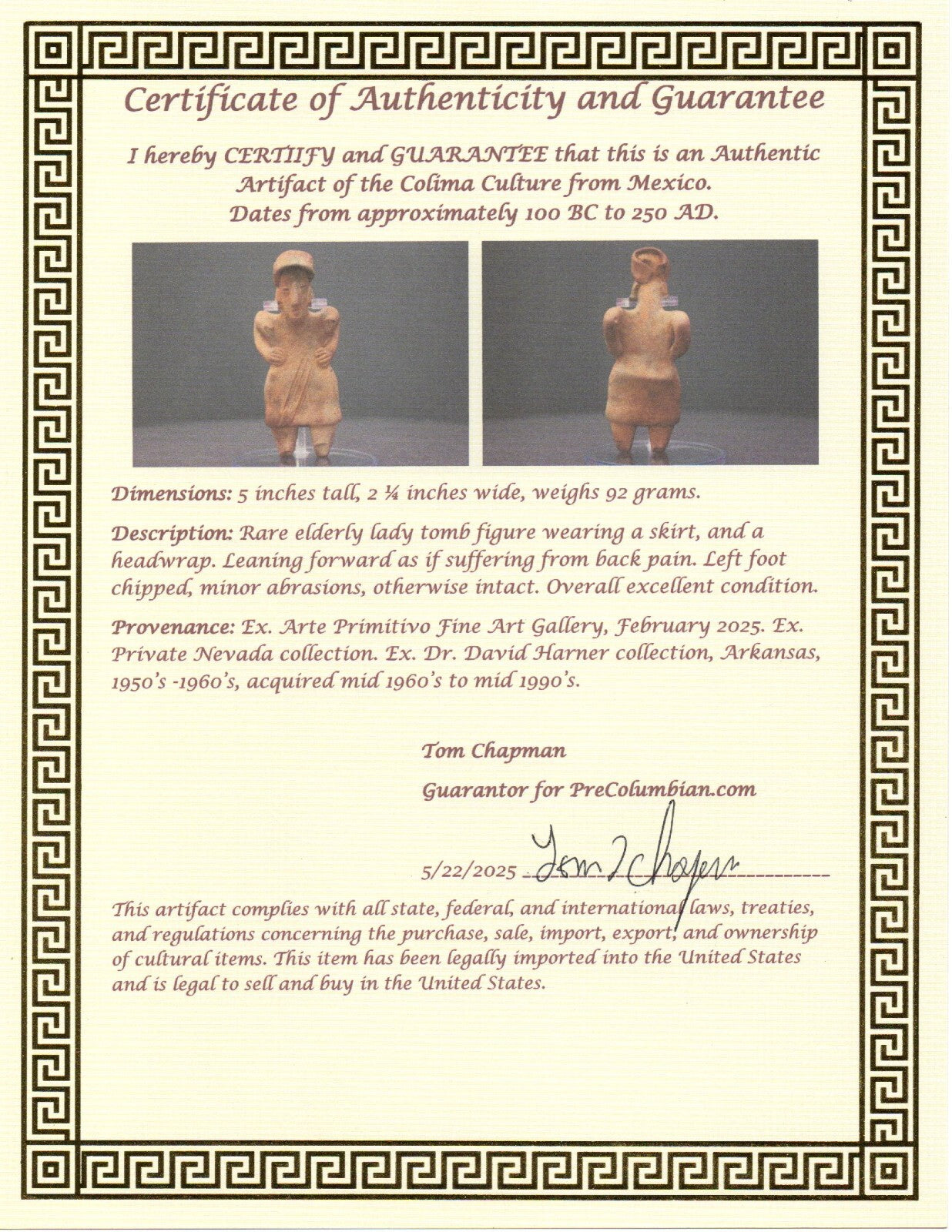 Authentic Pre Columbian Artifact Rare Grandma Tomb Figure Colima Mexico COA 150