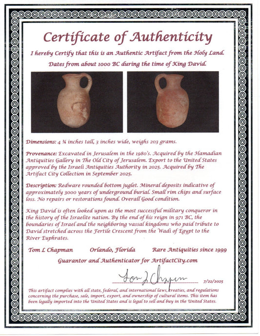 Ancient Holy Land Artifact King David Jug Land of Jesus Christ 1000 BC COA 13