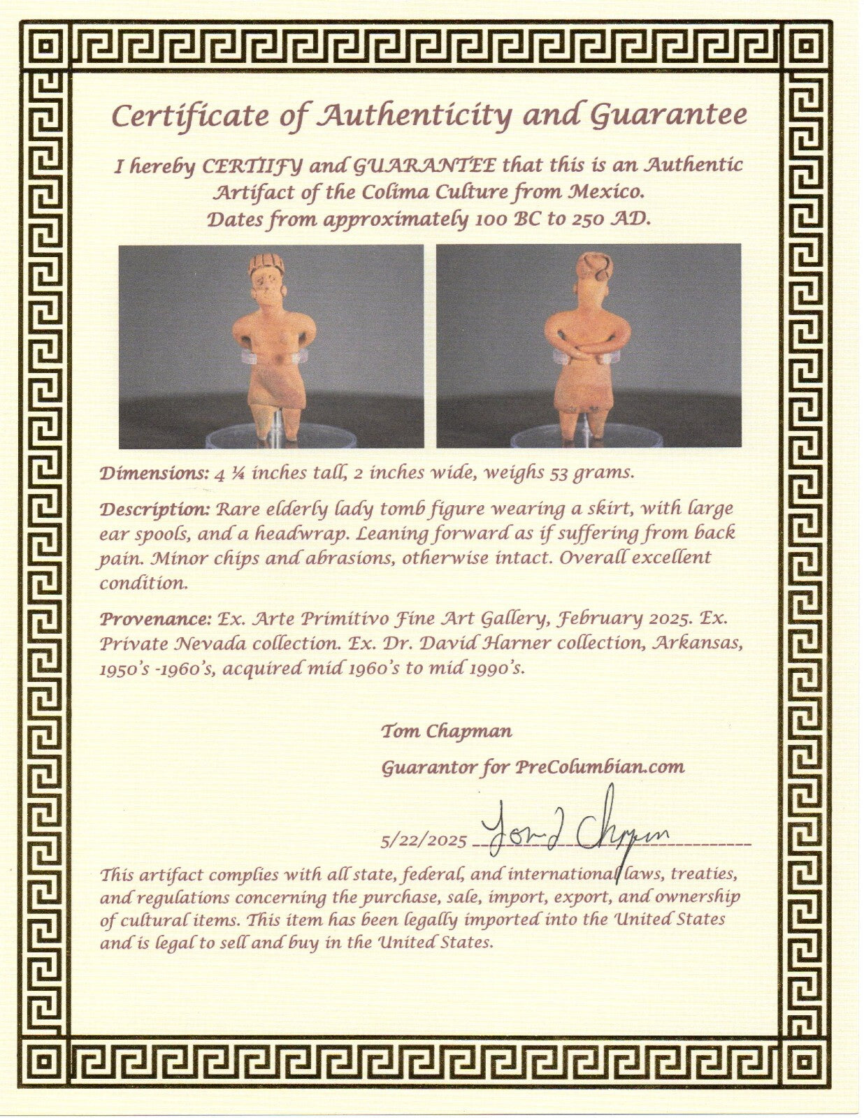 Authentic Pre Columbian Artifact Rare Grandma Tomb Figure Colima Mexico COA 143