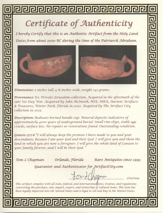 Ancient Holy Land Artifact 4000 Year Old Cup Time of Abraham 2000 BC COA J113