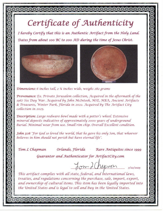Ancient Holy Land Artifact Bowl From Land of Jesus Christ 100BC-200AD COA J139