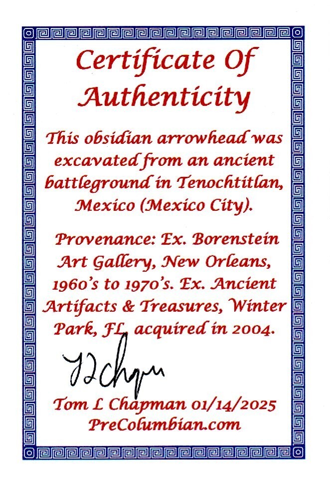 Authentic Pre Columbian Artifact Aztec Arrowhead Battle of Mexico City COA 65