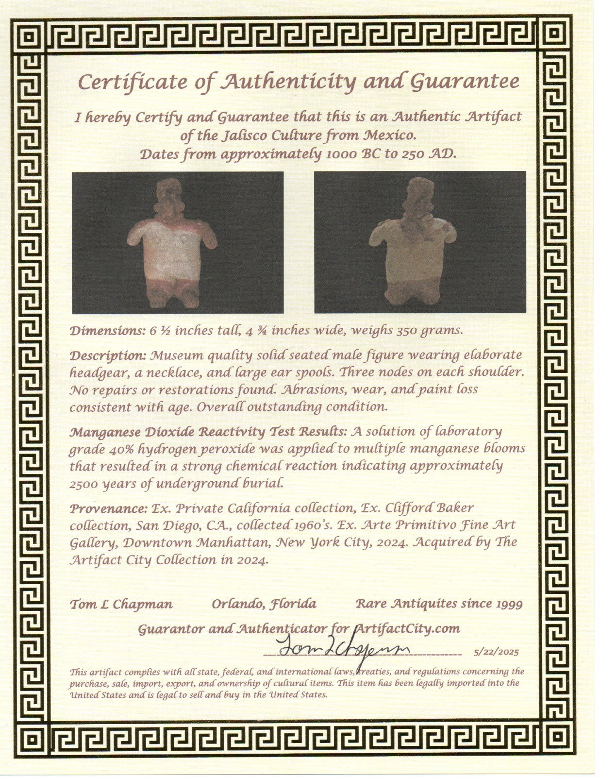 Pre Columbian Artifact Authentic Male Jalisco Figure Mexico 1000BC-250AD COA 213