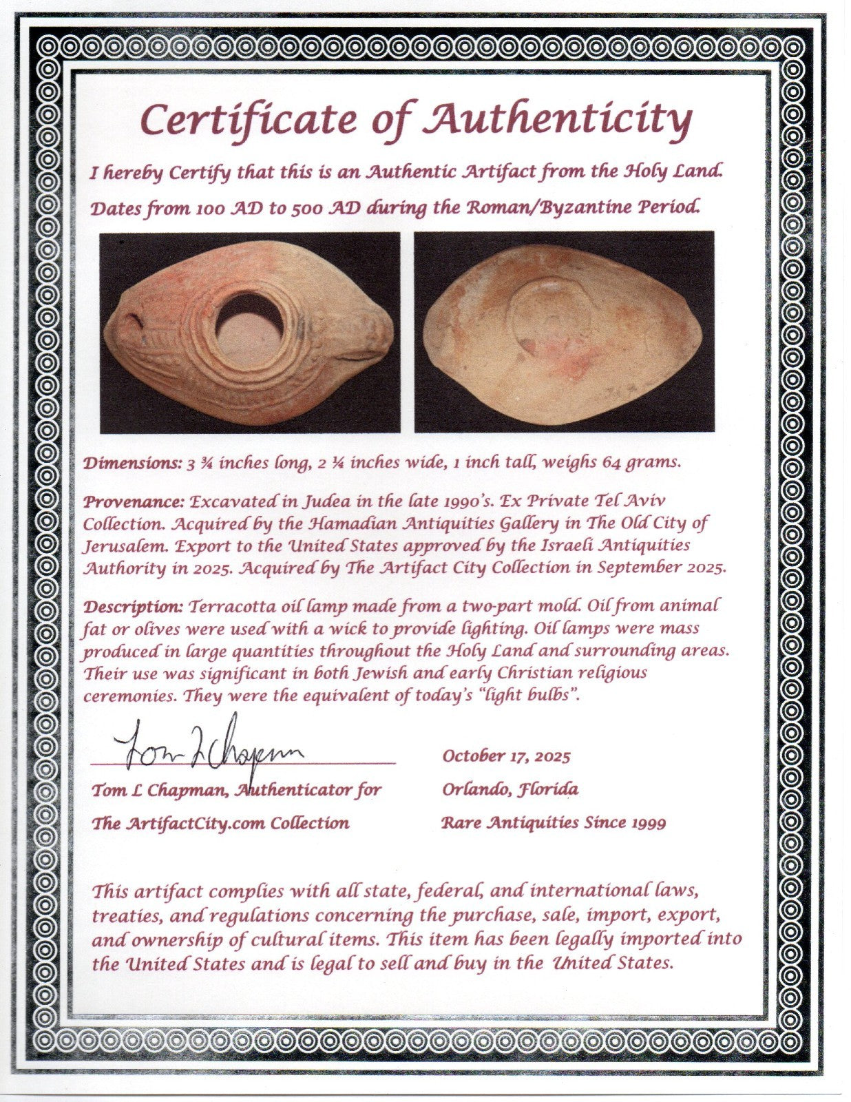 Ancient Holy Land Oil Lamp Artifact From Jesus Christ Home Land 100-500AD COA 55