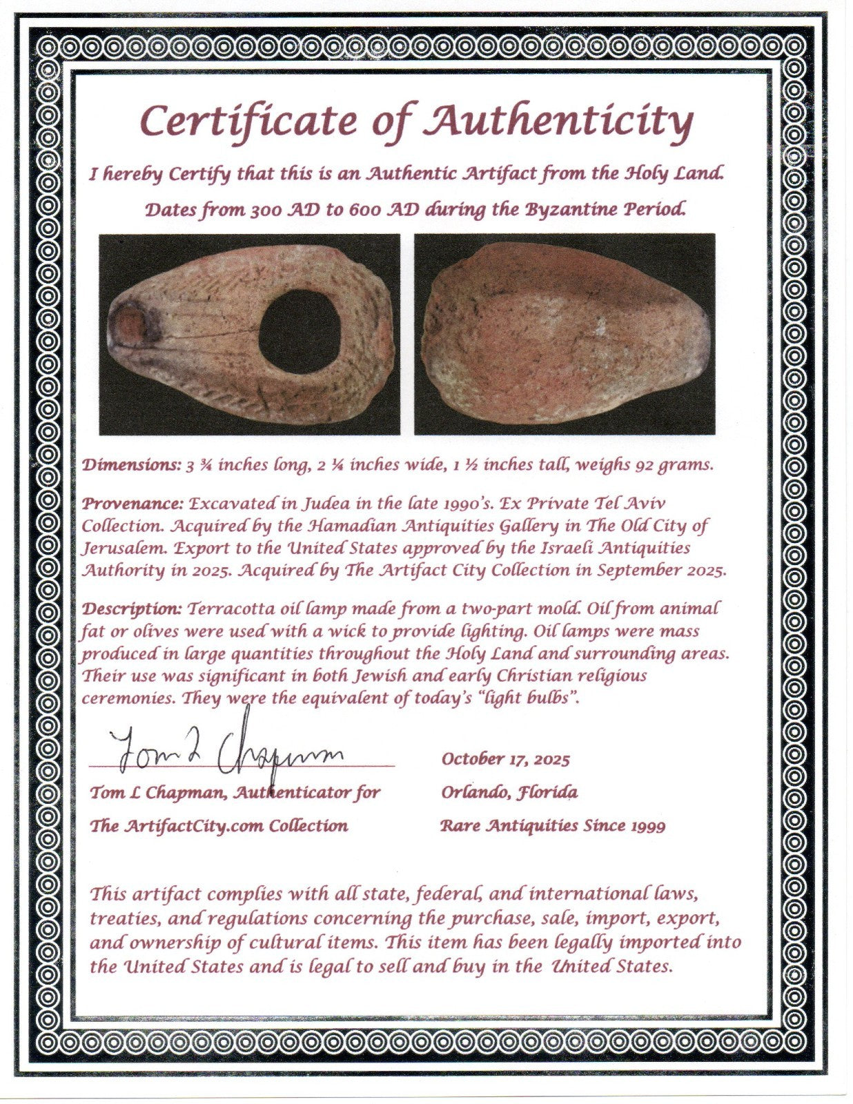 Oil Lamp Holy Land Ancient Artifact Jesus Christ Home Israel 300-600 AD COA 78