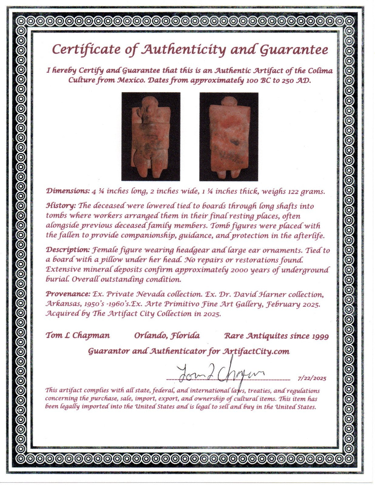 Pre Columbian Artifact Authentic Tomb Burial Figure Colima Mexico 100 BC COA 229