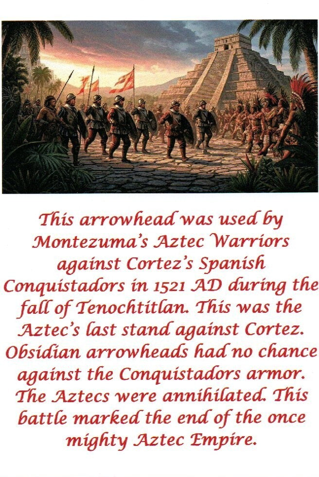 Pre Columbian Artifact Authentic Aztec Arrowhead Battle of Mexico City COA 85