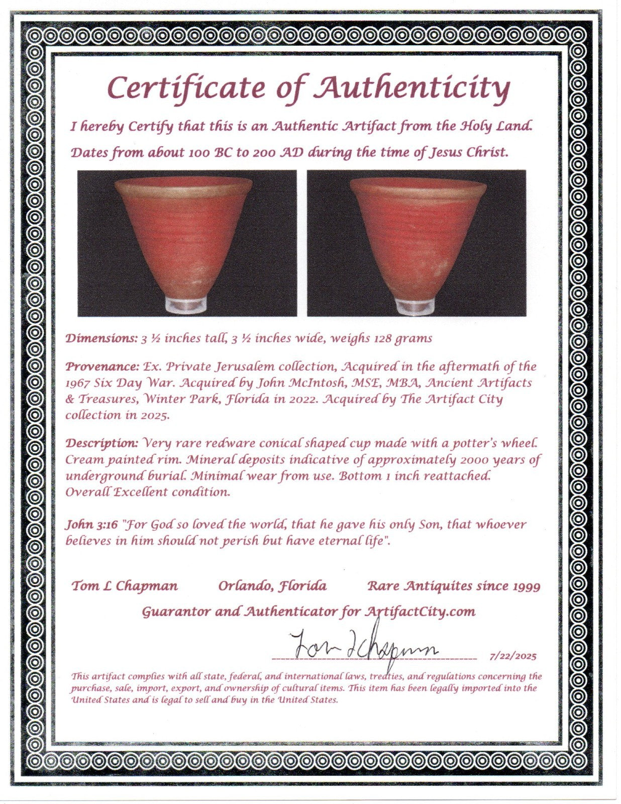 Ancient Holy Land Artifact Land of Jesus Christ Conical Cup 100BC-200AD COA J138