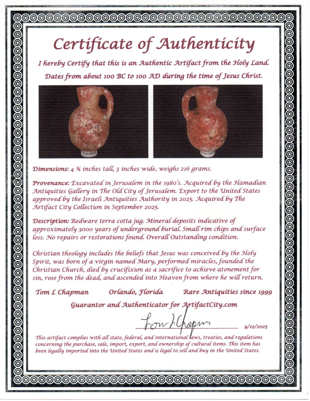 Ancient Holy Land Artifact Jug From Time of Jesus Christ 100 BC - 100 AD COA 16