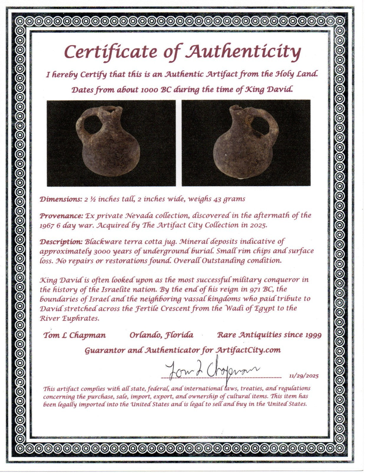 Time of King David Jugglet Ancient Holy Land Artifact Home of Jesus COA 35