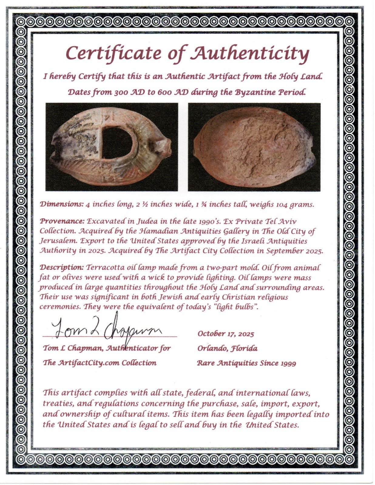 Oil Lamp Holy Land Ancient Artifact Jesus Christ Home Israel 300-600 AD COA 110