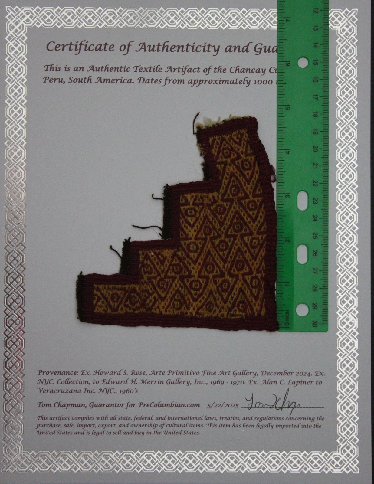Pre Columbian Artifact Authentic Frameable Textile Border Chancay Peru COA 20