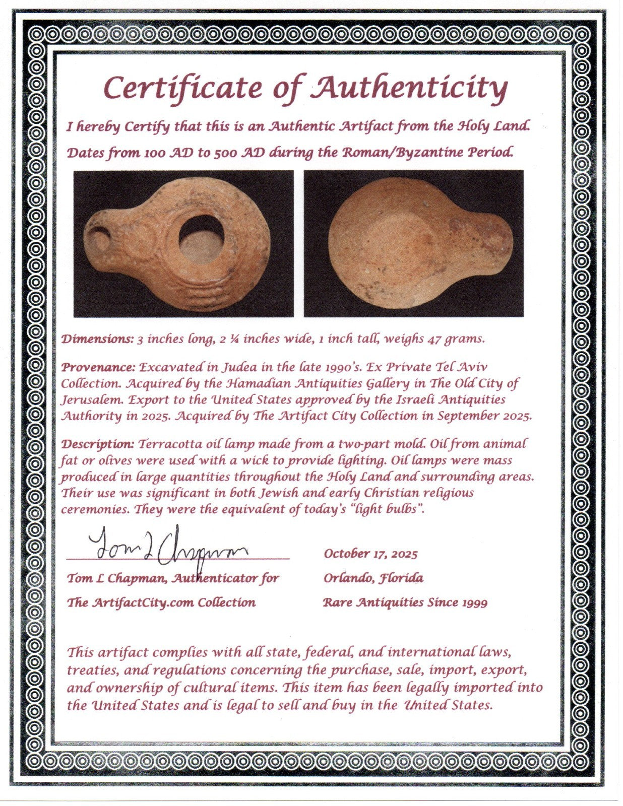 Ancient Holy Land Oil Lamp Artifact From Jesus Christ Home Land 100-500AD COA 52