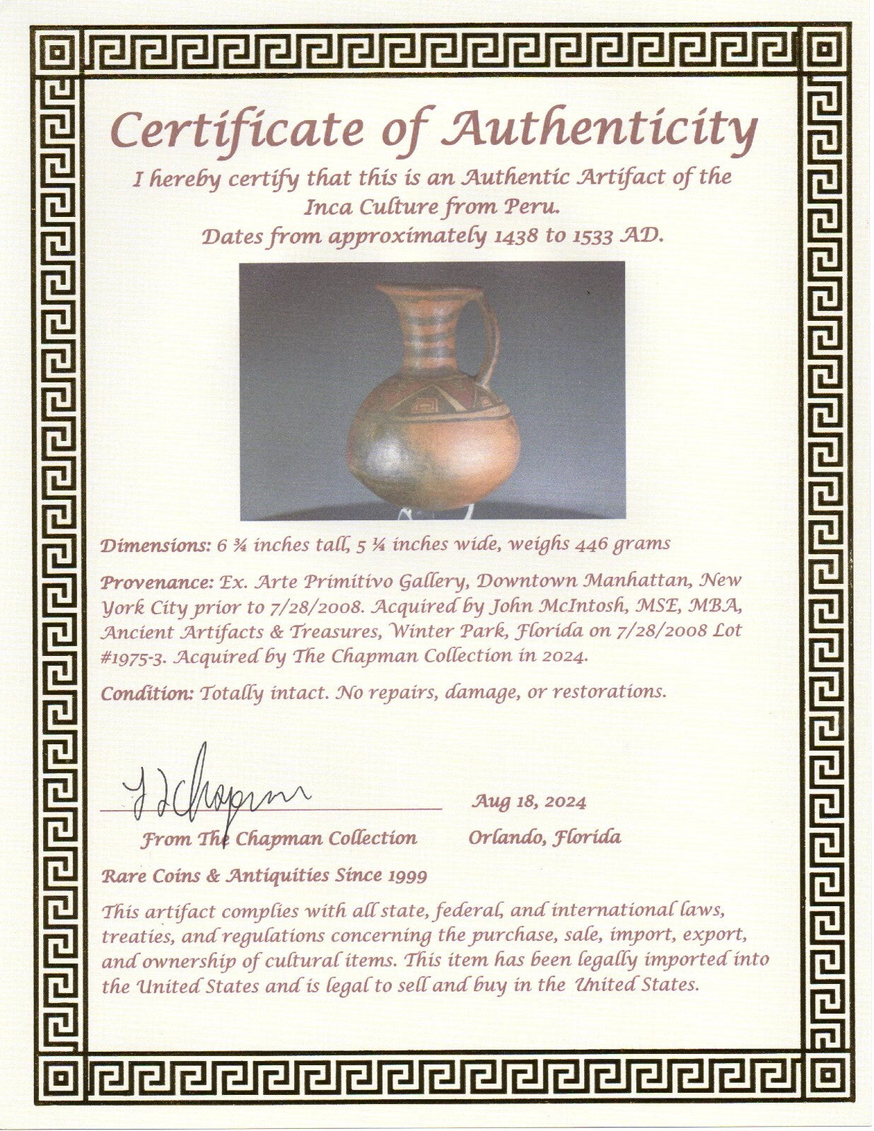 Pre Columbian Authentic Artifact Inca Pitcher  Pottery 1438-1533 AD Peru COA J06