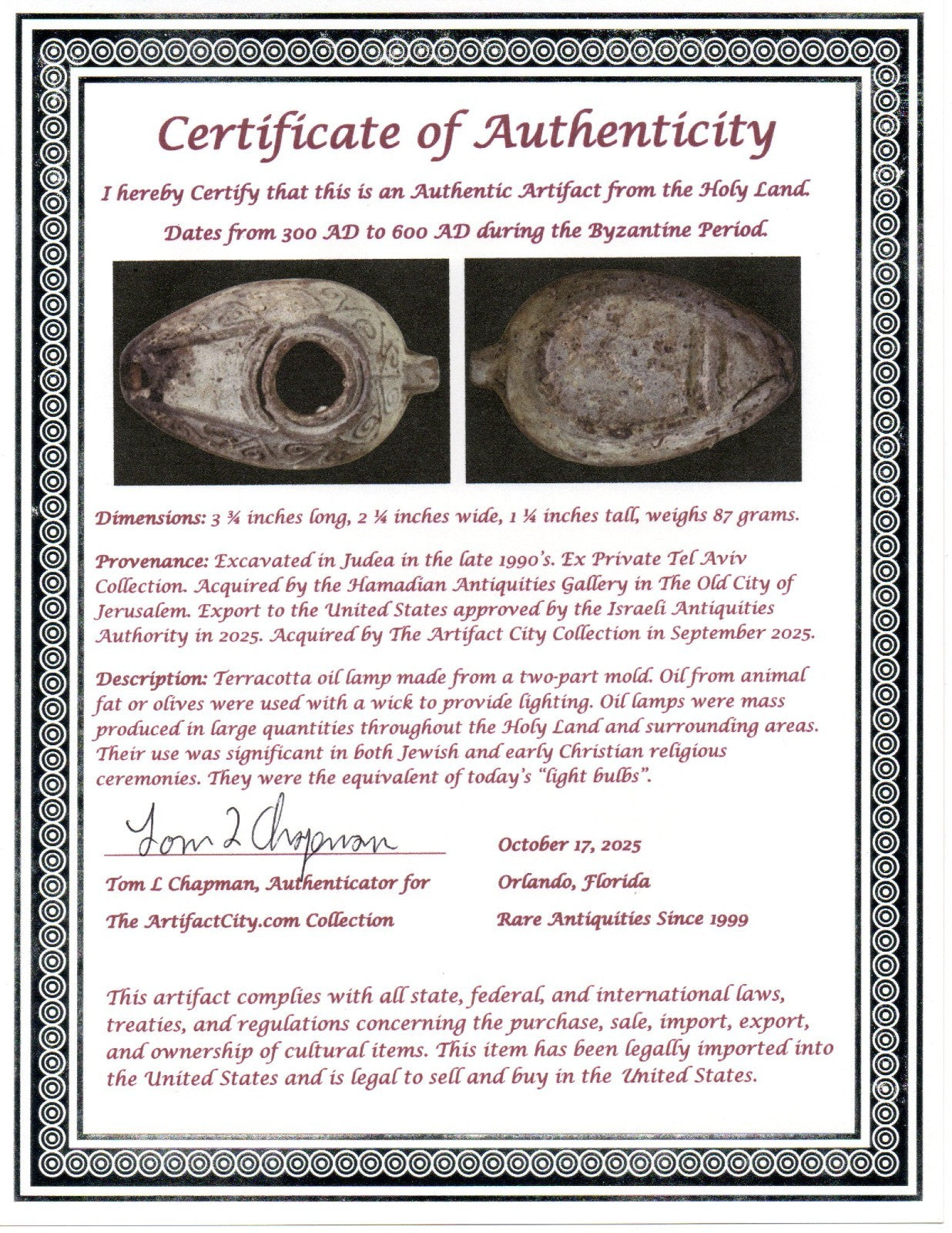 Oil Lamp Holy Land Ancient Artifact Jesus Christ Home Israel 300-600 AD COA 71