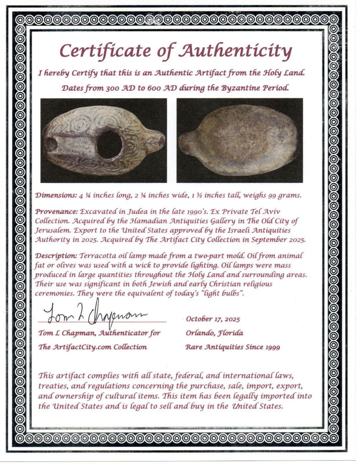 Oil Lamp Holy Land Ancient Artifact Jesus Christ Home Israel 300-600 AD COA 116