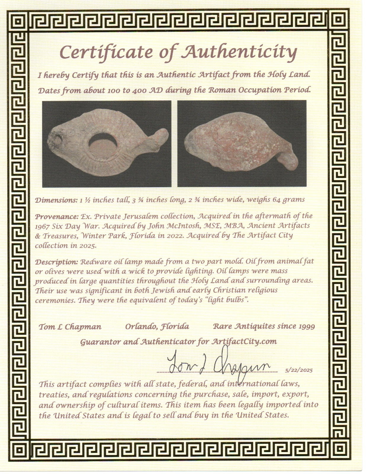 Oil Lamp Holy Land Ancient Artifact Jesus Christ Home Israel 100-400 AD COA J108