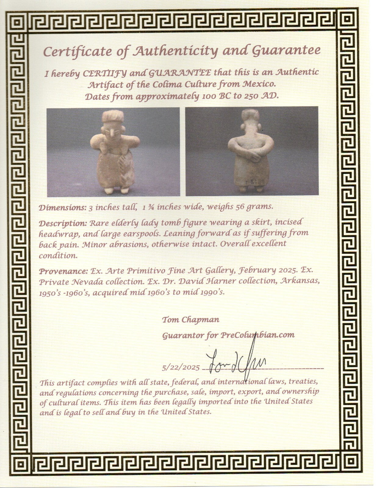 Authentic Pre Columbian Artifact Rare Grandma Tomb Figure Colima Mexico COA 156