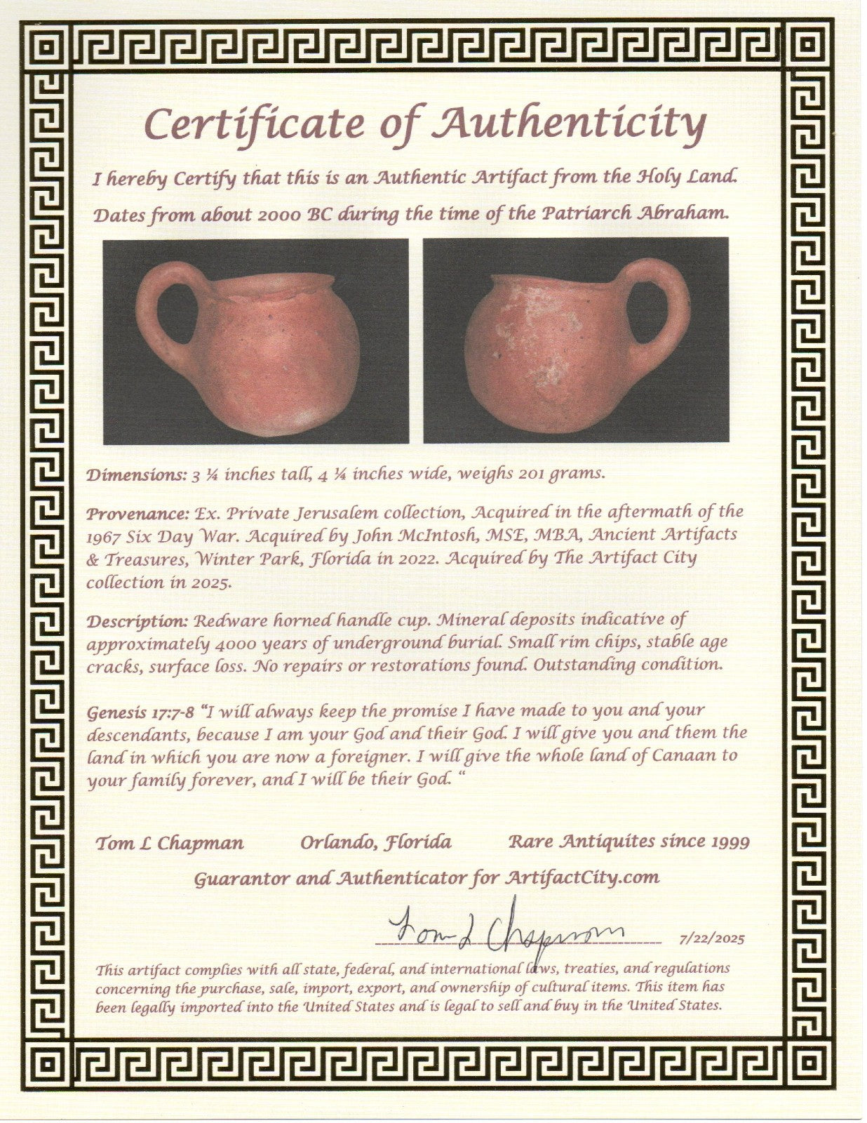 Holy Land Artifact Ancient 4000 Year Old Cup Time of Abraham 2000 BC COA J120
