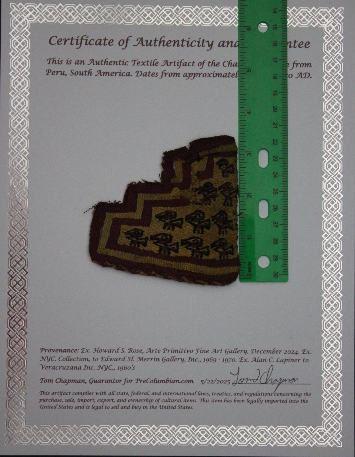 Pre Columbian Artifact Authentic Frameable Textile Border Chancay Peru COA 02