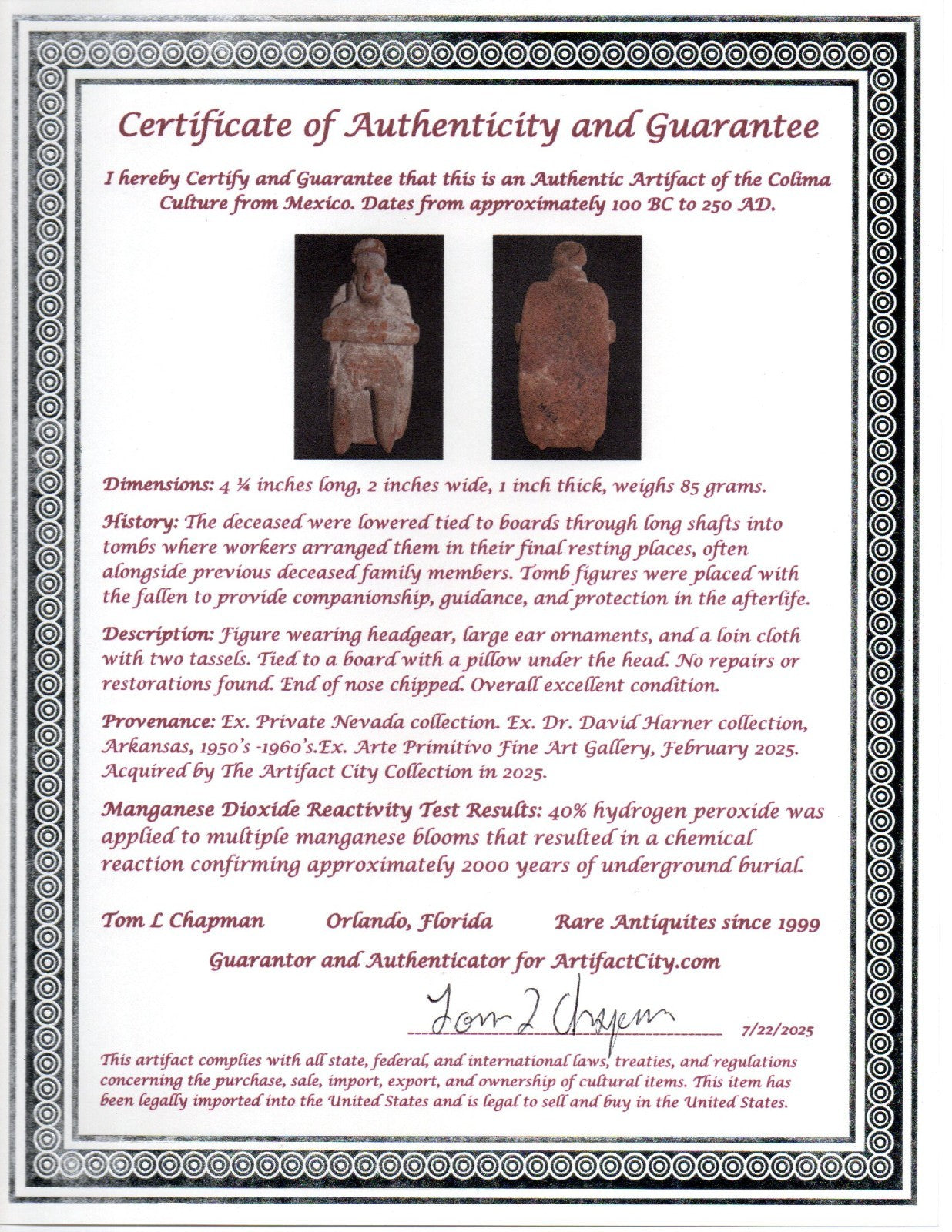 Pre Columbian Artifact Authentic Tomb Burial Figure Colima Mexico 100 BC COA 226