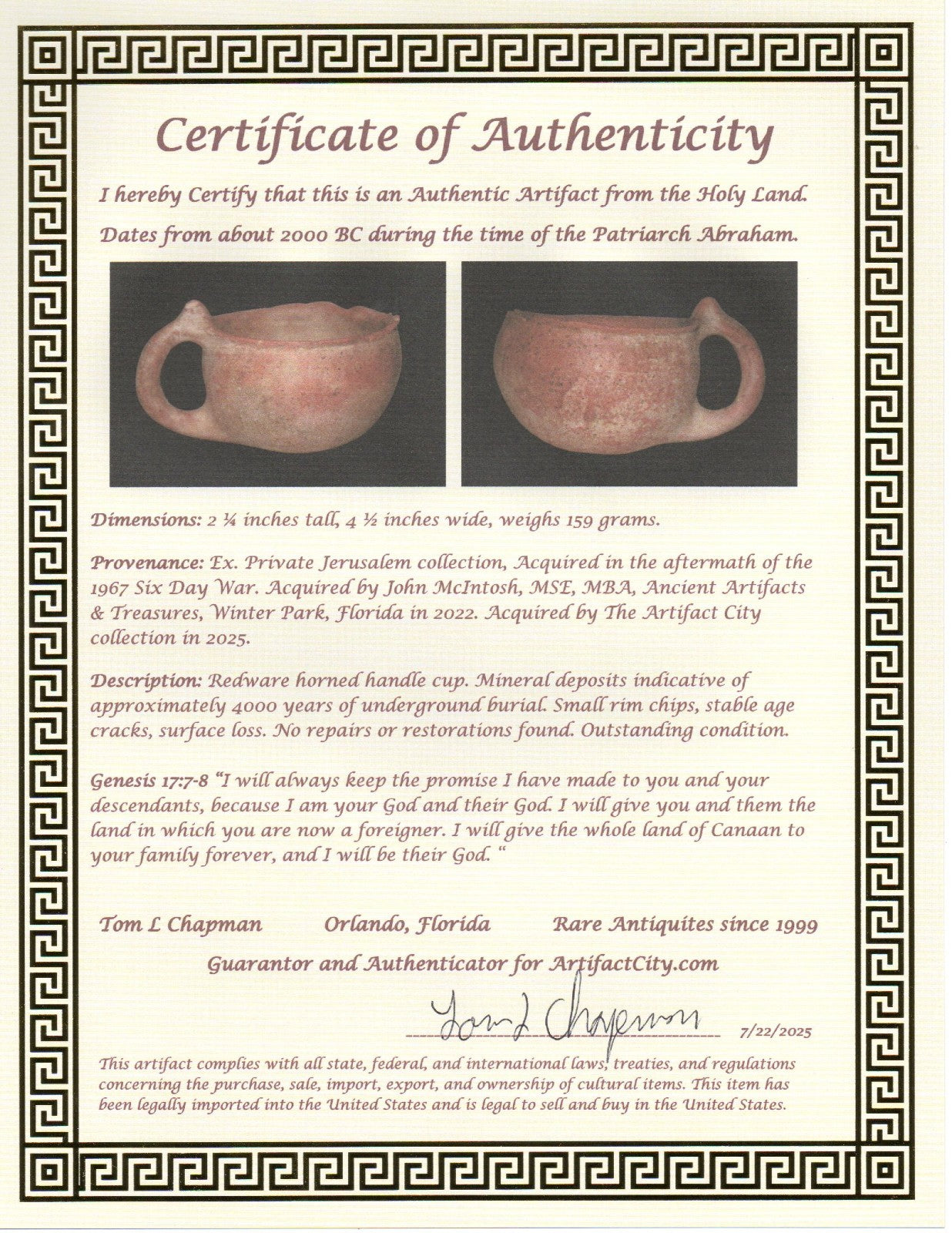 Holy Land Artifact Authentic 4000 Year Old Cup Time of Abraham 2000 BC COA J118