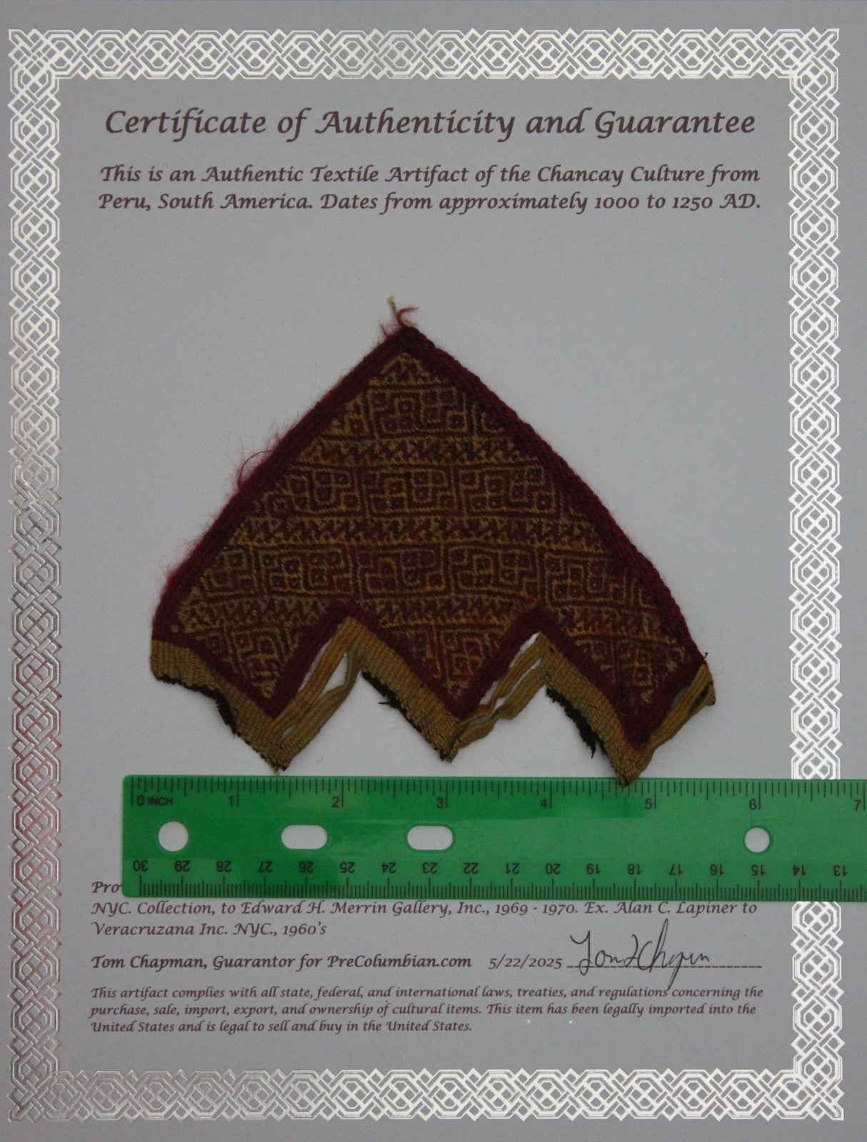 Pre Columbian Artifact Authentic Frameable Textile Border Chancay Peru COA 17
