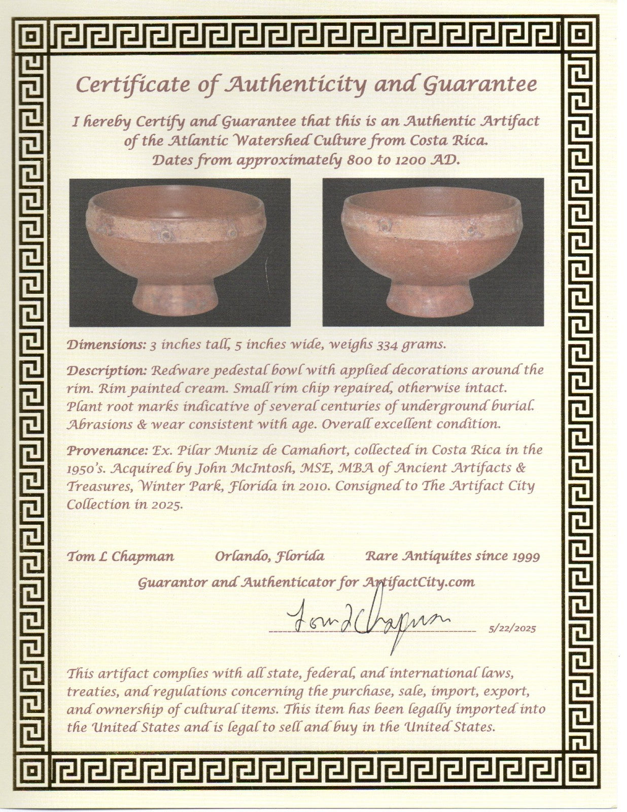 Pre Columbian Artifact Authentic Pedestal Bowl Watershed Costa Rica COA J88