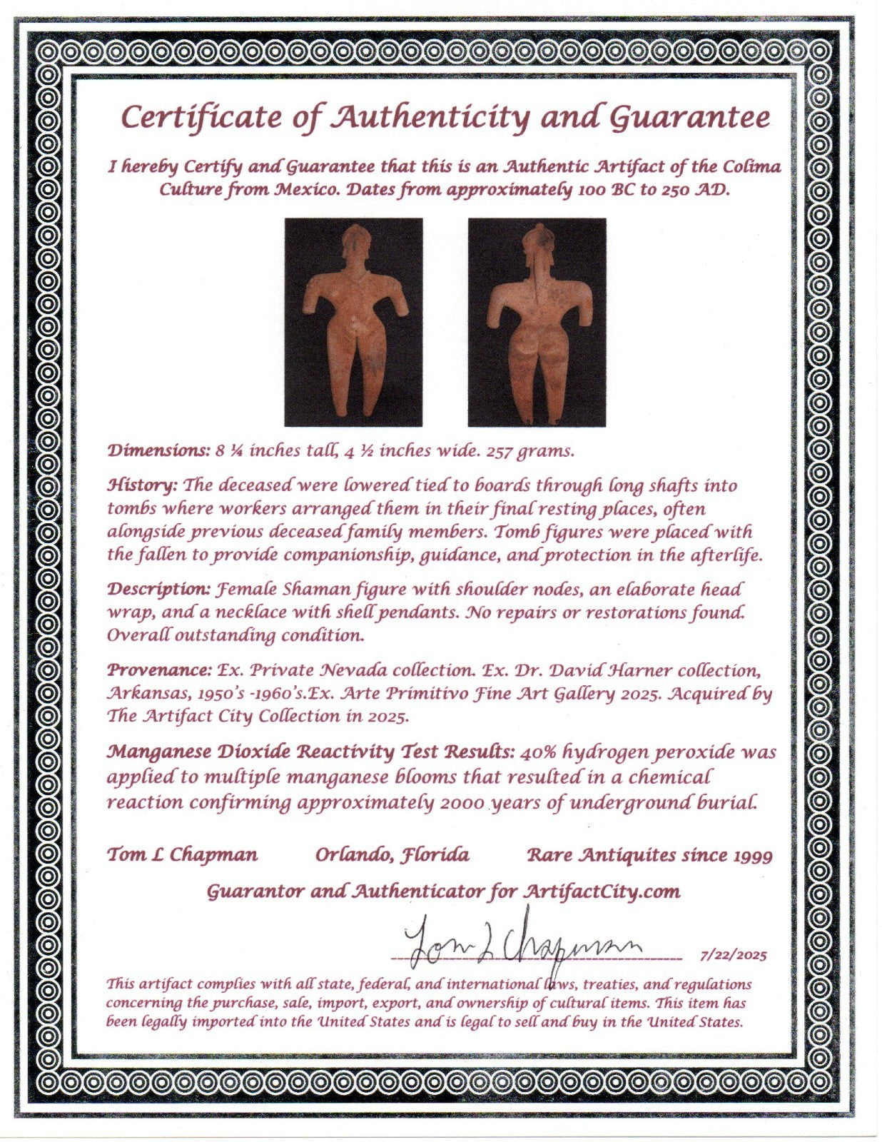 Pre Columbian Artifact BIG Female Shaman Tomb Figure Colima Mexico 100BC COA 237