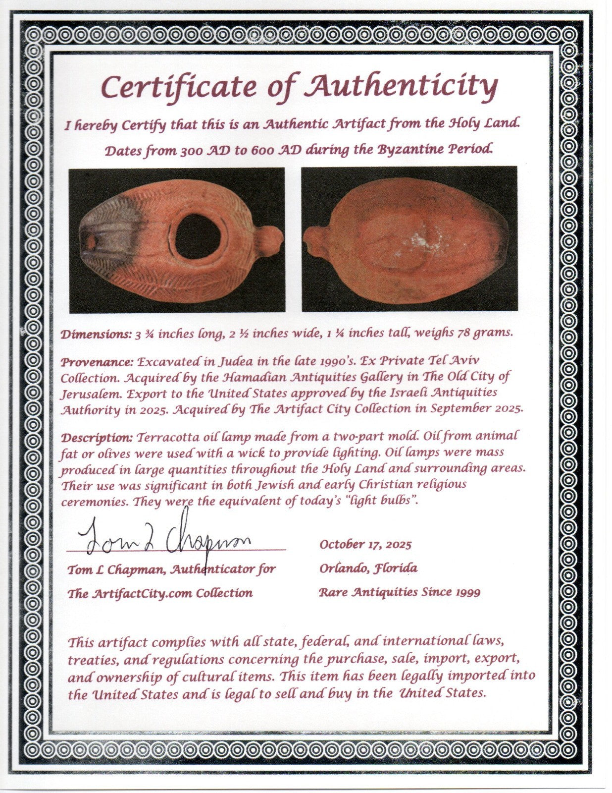 Ancient Holy Land Oil Lamp Artifact 2 Hidden Christian Crosses 300-600 AD COA 82