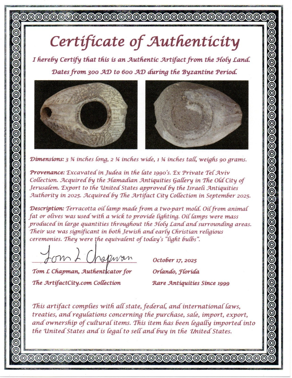 Oil Lamp Holy Land Ancient Artifact Jesus Christ Home Israel 300-600 AD COA 106