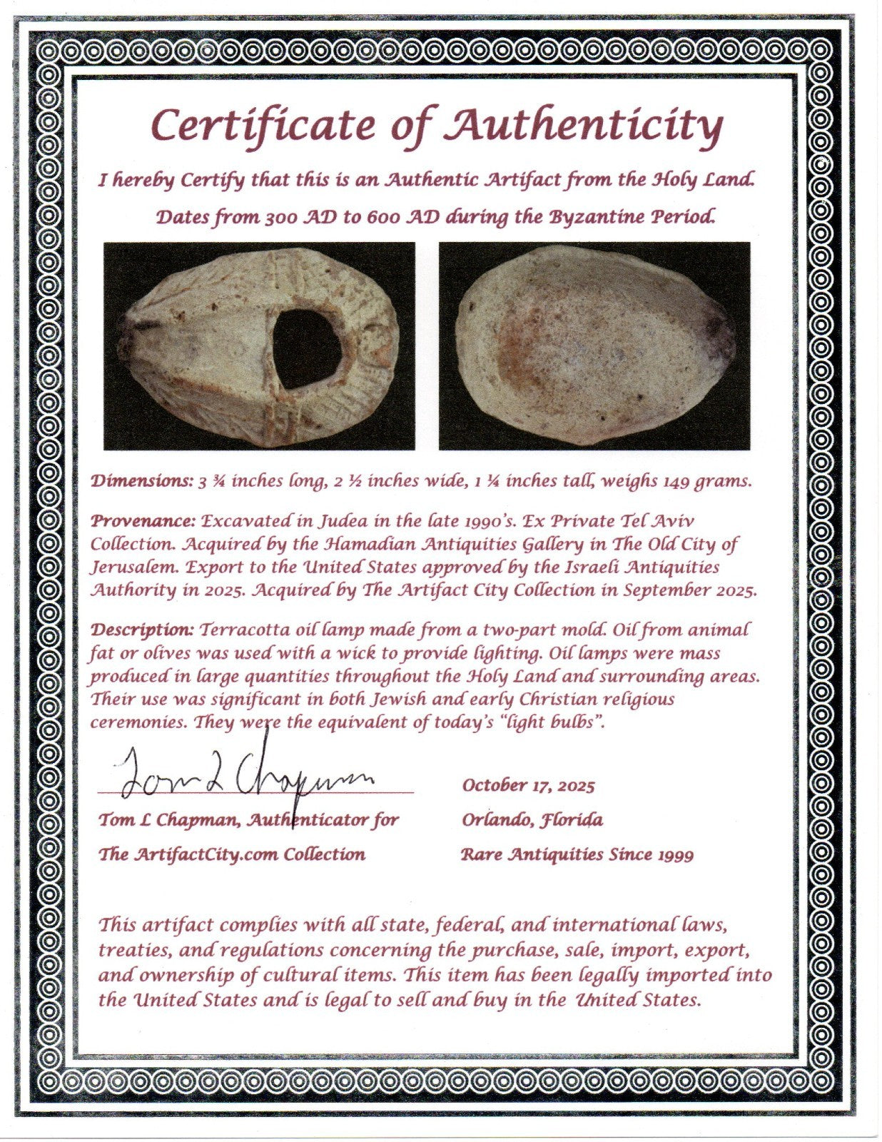 Oil Lamp Holy Land Ancient Artifact Jesus Christ Home Israel 300-600 AD COA 105