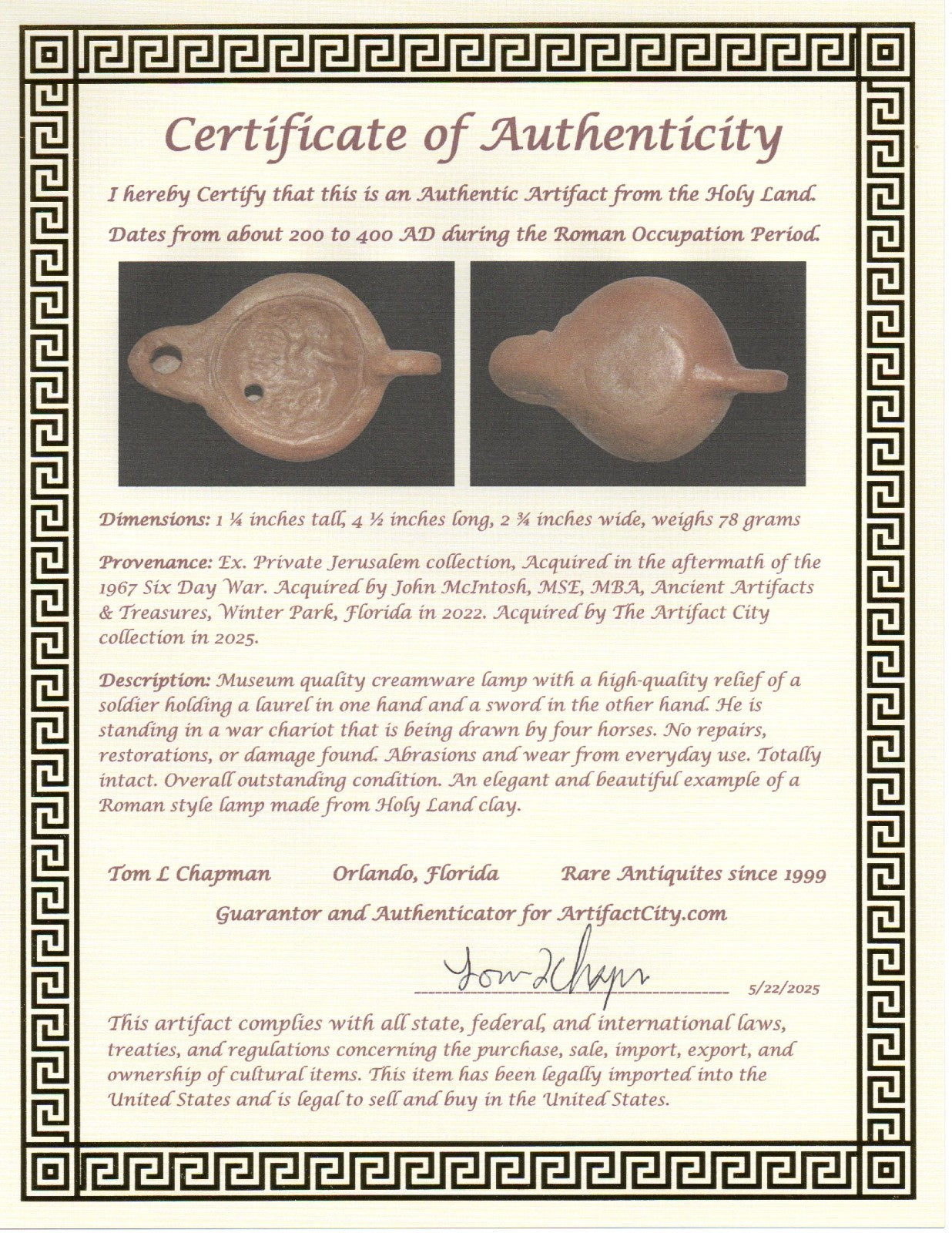 Four Horse War Chariot Oil Lamp Ancient Holy Land Artifact 200-400 AD COA J123