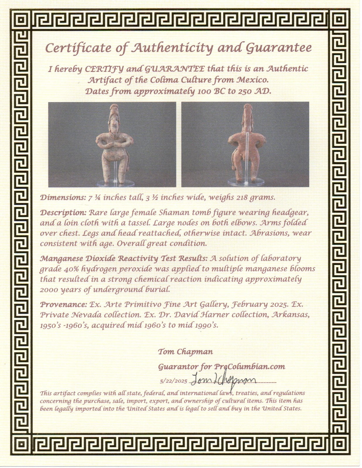 Pre Columbian Authentic Artifact Female Shaman Tomb Figure Colima Mexico COA 199