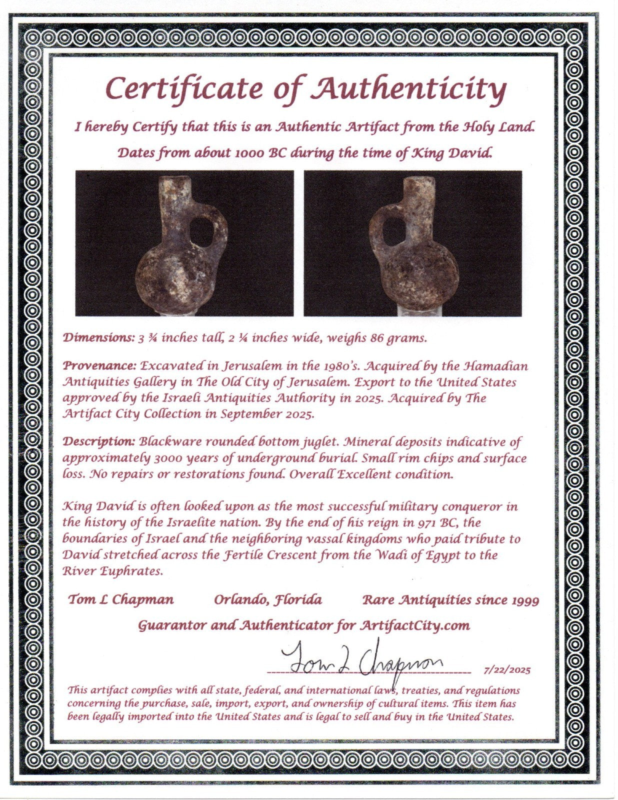 Ancient Holy Land Artifact King David Jugglet Land of Jesus Christ 1000 BC COA 5