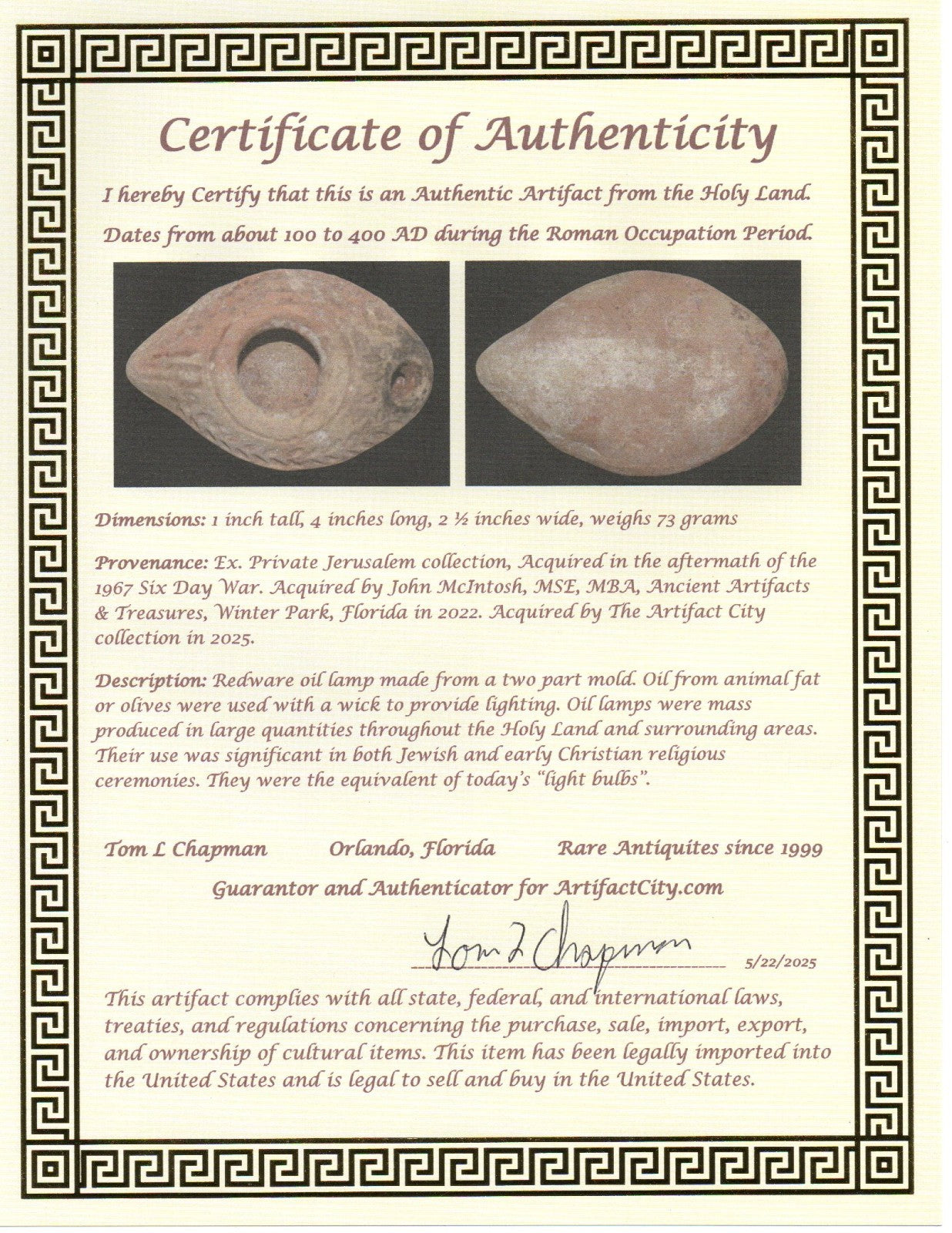 Ancient Holy Land Oil Lamp Artifact Jesus Christ Homeland 100-400 AD COA J106