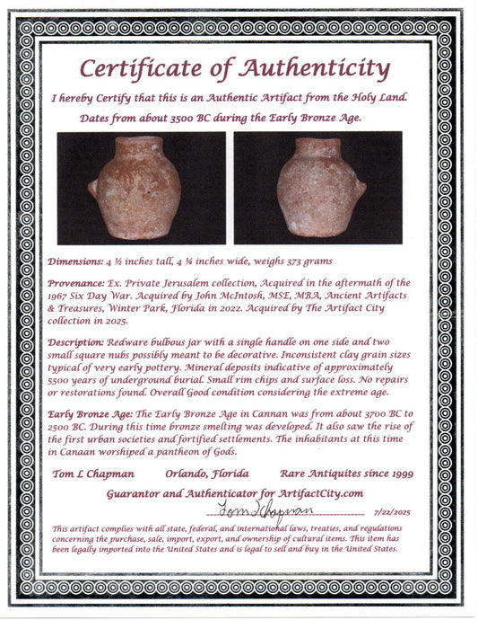 Ancient Holy Land Jar Artifact 5500 Year Old Before Abraham 3500 BC COA J142